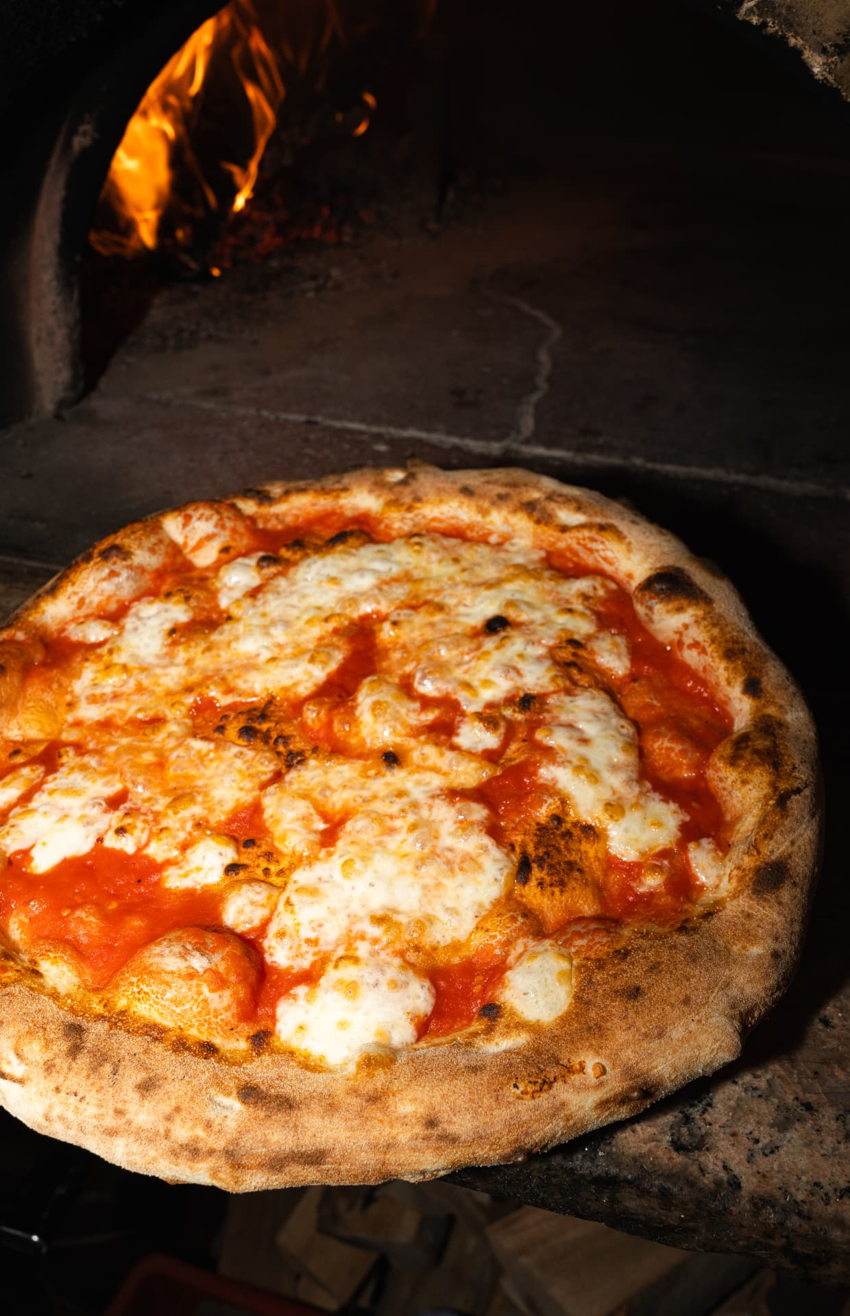 Frisch gebackene Pizza mit Tomate und Mozzarella im Holzofen