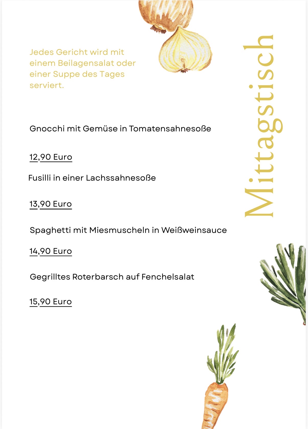 Handgezeichnete Mittagstisch-Karte des Ristorante Nonna Iolanda mit Pasta- und Fischgerichten