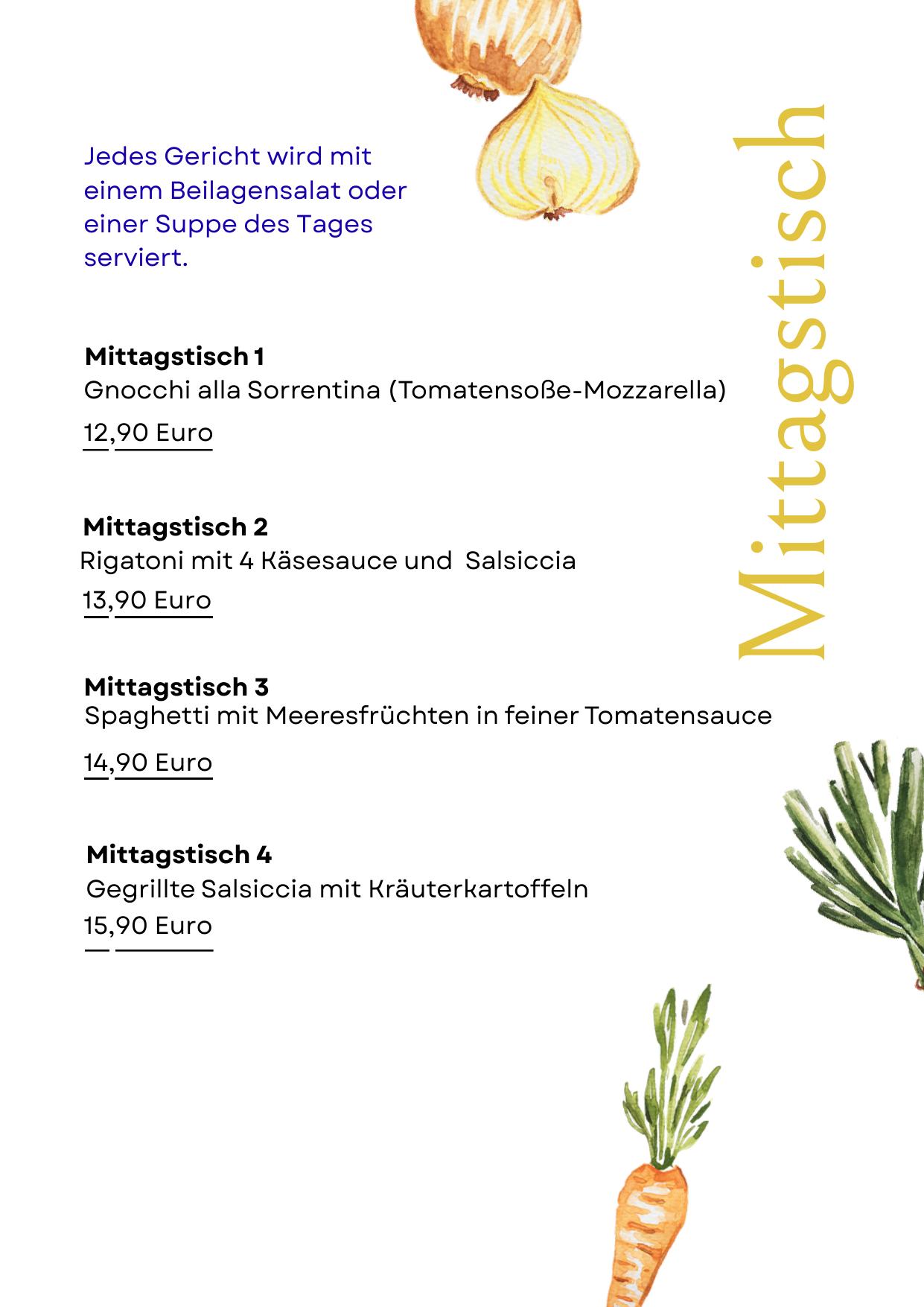 Handgezeichnete Mittagstisch-Karte des Ristorante Nonna Iolanda mit Pasta- und Fischgerichten